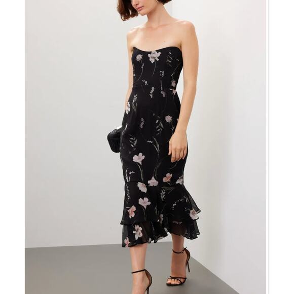 Katie May Black Floral Bustier Midi Dress LARGE Chiffon Strapless Cocktail $365 - Picture 3 of 9